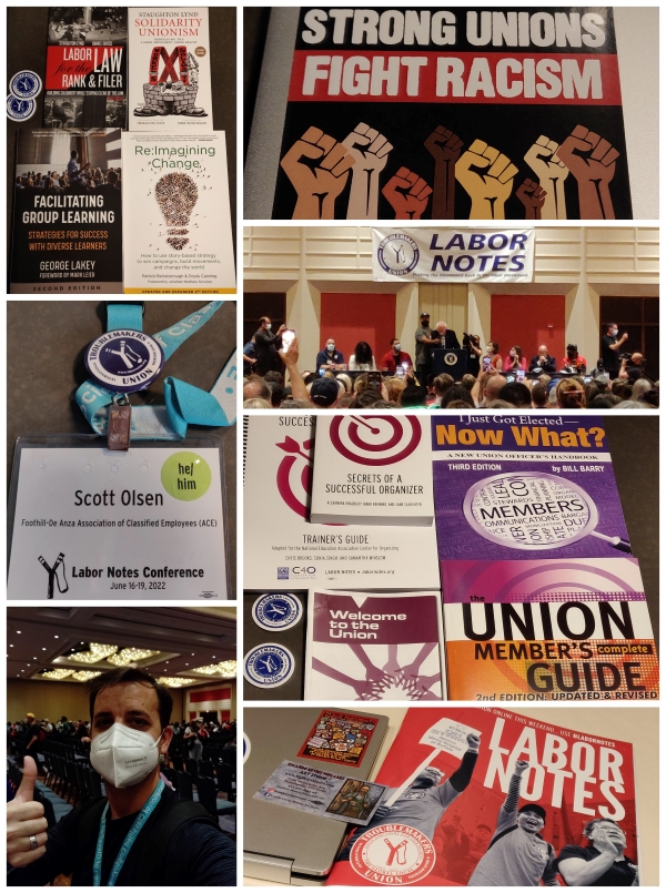 A picture containing books: "Labor Law for the Rank & Filer", "Secrets of a Successful Organizer", "Union Member's Guide", "Facilitating Group Learning", "Re-imagining Change", "Solidarity Unionism", and the conference program. Also shows sticker stating "Strong Unions Fight Racism" along with a "Bernie Sanders" speaking at the convention and Scott Olsen in attendance.