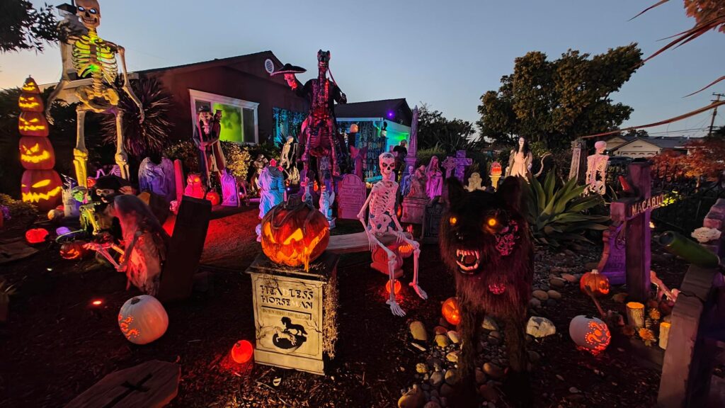 Very nice Halloween decor. Skeletons. Pumpkins.